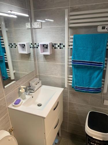 La salle de bains est pourvue d'un lavabo, d'un miroir et de serviettes bleues. dans l'établissement Joli studio proche de la plage, au Grau-du-Roi