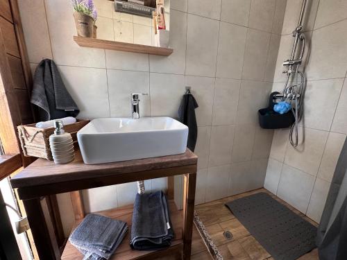 a bathroom with a white sink and a shower at Avra Wooden House in Drama