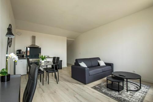 ein Wohnzimmer mit einem Sofa und einem Tisch in der Unterkunft LE DALLAS - 1 chambre, 1 canapé-lit, 1er étage, parking, 10min Canal du Midi in Castelsarrasin