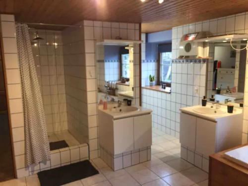 a large bathroom with two sinks and a shower at La chambre Cour'toise in Stoumont