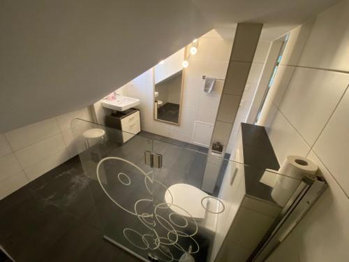 a bathroom with a toilet and a sink and a mirror at Ferienwohnungen Loft in Telfs in Telfs