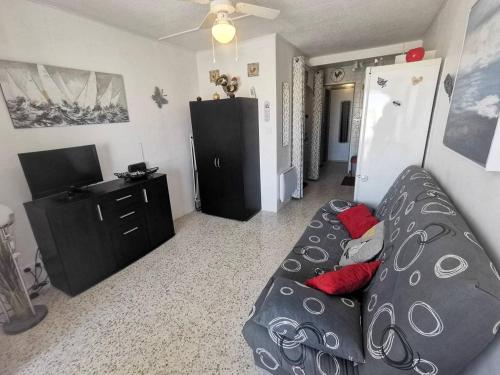 un salon avec un canapé et une télévision dans l'établissement 021 Roches Rouges A22, au Cap d'Agde