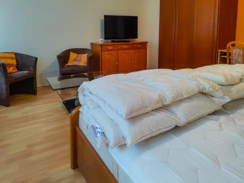 a bedroom with two beds and a tv on a dresser at Ferienwohnung Jänschwalde in Jänschwalde Ost