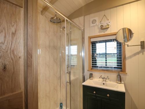 a bathroom with a shower and a sink at Poppie's Shepherds Hut in Nottingham