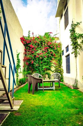 a garden with a bench and a bush with red flowers at Rajguru guest house in Pushkar