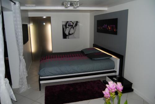 ein Schlafzimmer mit einem Bett in einem Zimmer in der Unterkunft Villa de 4 chambres avec piscine privee et wifi a Maule in Maule