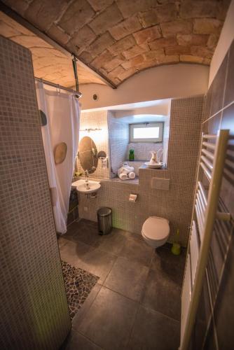 une salle de bain avec toilettes, lavabo et miroir dans l'établissement Gîte avec jacuzzi privatif dans un mas provençal, à Les Fumades-Les Bains