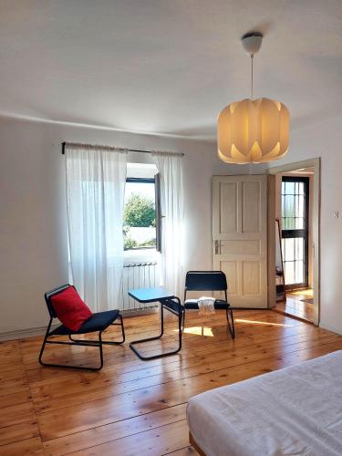 a bedroom with two chairs and a bed and a chandelier at Selo Station in Črniče