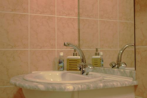 - un lavabo avec deux robinets et un miroir dans l'établissement La Lune Lake, à Joué-en-Charnie
