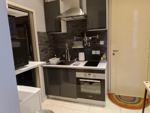 une cuisine avec un évier et une cuisinière dans l'établissement Appartement centre ville, à Rouen