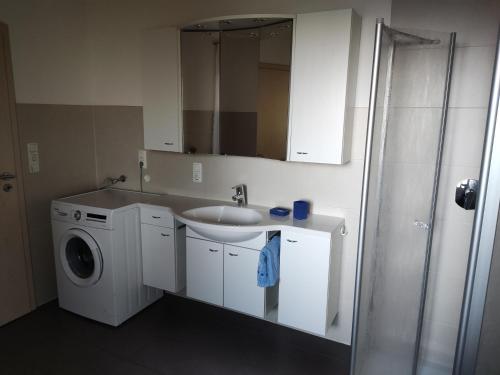 Un baño con lavabo y lavadora. en Ferienwohnung am Metzgerhof, en Bogen