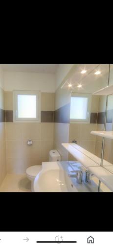 un bagno con lavandino e WC di Villa les MYRTES a Olmeto