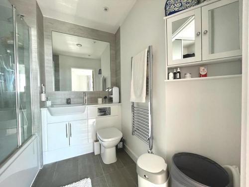 a bathroom with a toilet and a sink and a mirror at Luxury One-Bedroom Apartment with a View - Barking in London