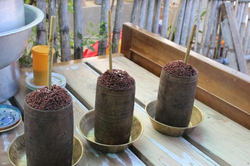 a group of four bowls filled with dirt at KatuS premium cottages in Gangtok