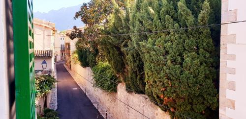 a view of an alley with a green wall at Casa Margarita in Sóller