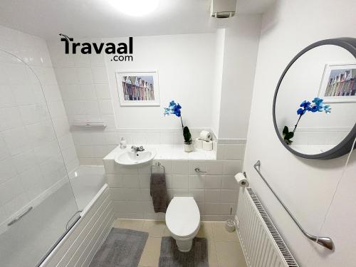 a bathroom with a toilet and a sink and a mirror at Travaal.©om - 2 Bedroom Apartment - Basingstoke in Basingstoke