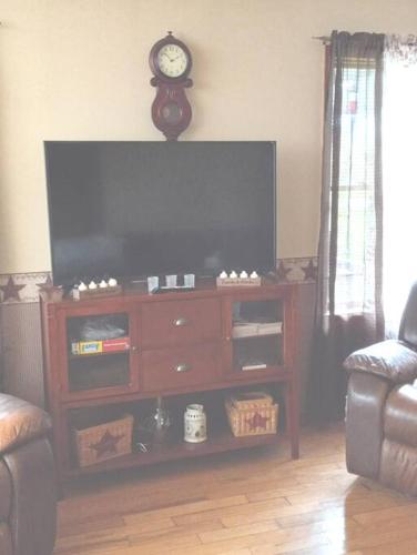 a living room with a flat screen tv and a couch at Tug Hill Paradise, Copenhagen, NY in Copenhagen