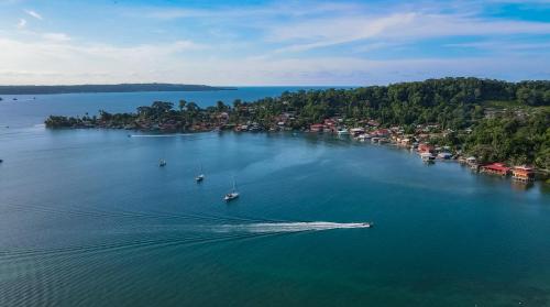 an aerial view of a small island in a large body of water at The Lodge at Punta Rica- Hilltop Eco-Lodge with Views & Pool in Bastimentos