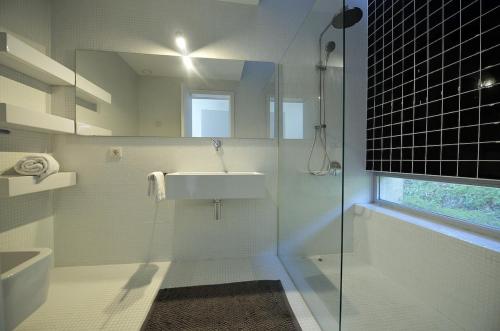 y baño con lavabo y ducha con espejo. en Villa 297, en Caminha