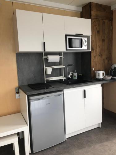 une cuisine avec des armoires blanches et un micro-ondes dans l'établissement Au Jardin d’AnneSo, à Limoges