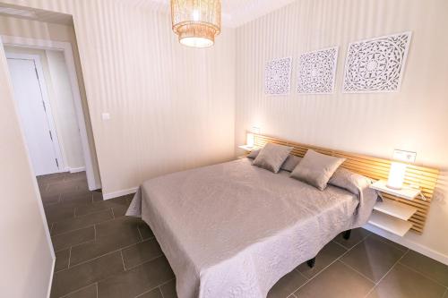 1 dormitorio con 1 cama con 2 almohadas en Piso céntrico y acogedor. Opción parking gratuito. en Jaén