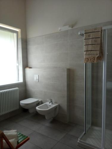 a bathroom with a toilet and a sink and a shower at Terra e Radici_ Betula in Spriana
