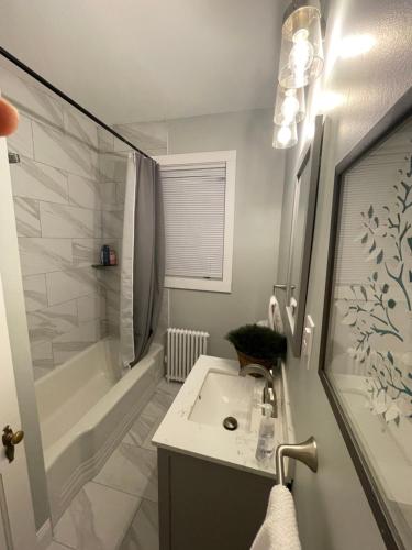 La salle de bains est pourvue d'un lavabo, d'une douche et d'une baignoire. dans l'établissement The Cozy Budget - Room near Liberty!, à Lynchburg