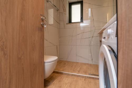a bathroom with a toilet and a washer and dryer at Aoria Villas in Palaiochóra