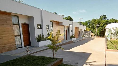 a row of houses with a palm tree in front at Pousada Flor de Alter in Alter do Chao