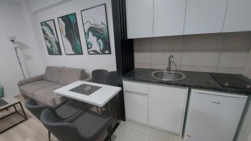 een keuken met een wastafel en een tafel en stoelen bij Akvarel apartman in Jagodina