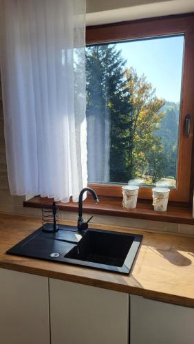 a kitchen counter with a sink and a window at Zasiedmiogórek - domek w Beskidach in Milówka