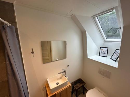 een badkamer met een wastafel en een spiegel bij Moderne Wohnung :: traumhafte Natur in Moholm