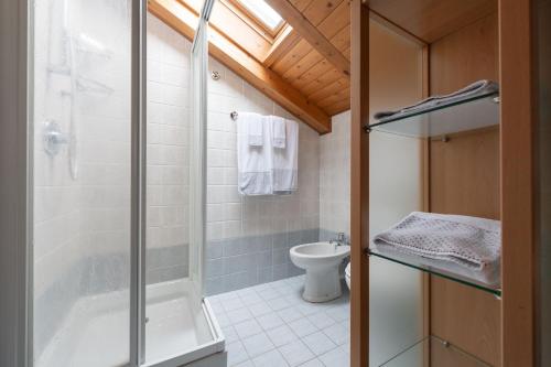 ein Bad mit einer Dusche und einem WC in der Unterkunft Chalet Vedig in Santa Caterina Valfurva