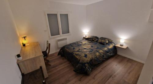 1 dormitorio con 1 cama en una habitación con 2 luces en Studio Renard quartier marais, terrasse en rez de jardin en Bourges
