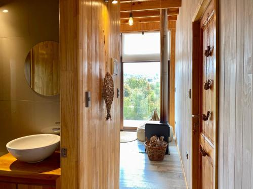 a bathroom with a sink and a toilet in a room at Tinyhouse Pichi I - vida lenta en Patagonia Costa in Calbuco