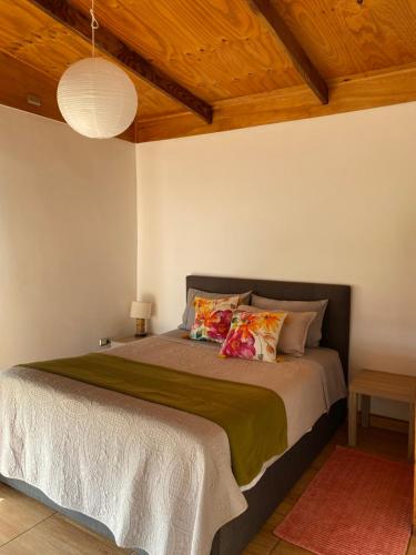 a bedroom with a large bed with two pillows at Oasis Rapanui Bungalow frente al Mar in Hanga Roa