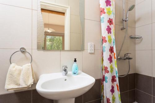 een badkamer met een wastafel en een spiegel bij Villa Panorama Tessera in Droushia