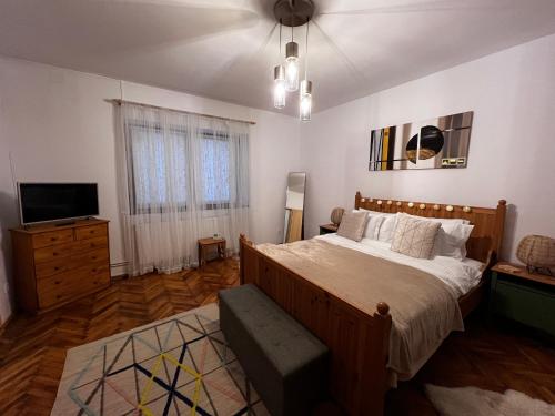 1 dormitorio con 1 cama grande y TV en Eden Garden, en Brasov