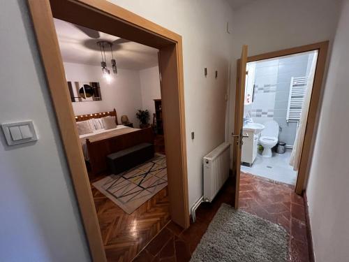 a room with a bathroom and a bedroom at Eden Garden in Braşov