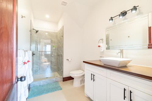 a bathroom with a shower and a sink and a toilet at Backroads Sunset + The PoolClub at Mahogany Bay in San Pedro
