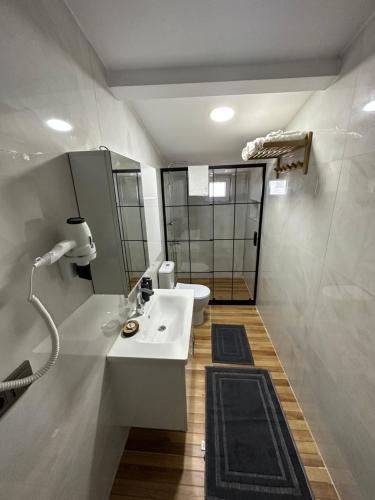 een badkamer met een witte wastafel en een douche bij İstanbul Airport House Tayakadın in Arnavutköy
