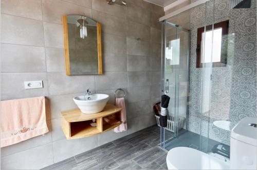 La salle de bains est pourvue d'un lavabo et d'une douche en verre. dans l'établissement Casa Mártires, à Iznájar
