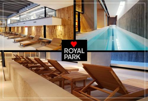 a pool with chairs and a table and a swimming pool at Nuevo Departamento de categoría de 2 ambientes con cochera y amenities premium en ROYAL PARK Mar del Plata, excelente ubicación a dos cuadras de la playa, para 4 PAX in Mar del Plata