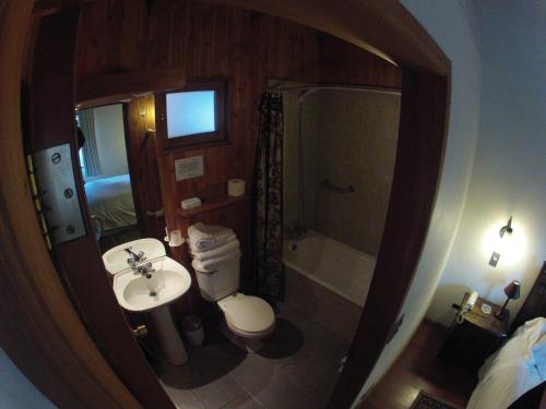 a bathroom with a sink and a toilet and a shower at Cabañas Santa Maria Pucon in Pucón