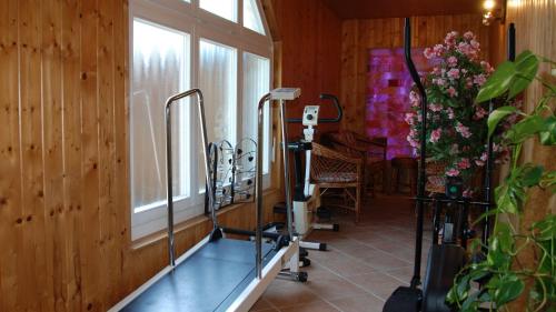 a room with a gym with a window and a table at Ferienhof Marlin - Ferienhaus Rügen in Solkendorf