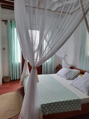 a bedroom with a white bed with a canopy at Pwani House - Lamu Seafront in Lamu