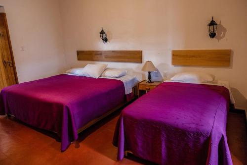 two beds in a room with purple sheets at Hotel Las Golondrinas in Oaxaca City