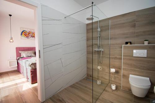 La salle de bains est pourvue d'une douche et de toilettes. dans l'établissement Ferienhaus Beata mit privatem Pool in Istrien,Vodnjan, à Svetvinčenat