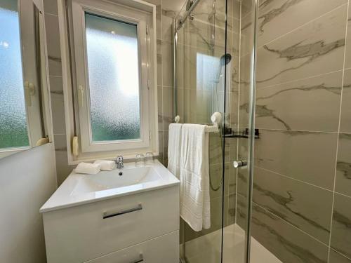 W łazience znajduje się umywalka i przeszklony prysznic. w obiekcie Rés. Marie Galante, Lac du Der 