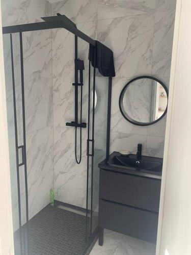 a bathroom with a sink and a mirror at La chambre de Flore in Arras